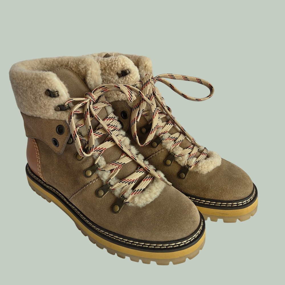 See By Chloe Eileen Suede Shearling Hiking Boots Brown Tan Leather 40 Y2K Luxury